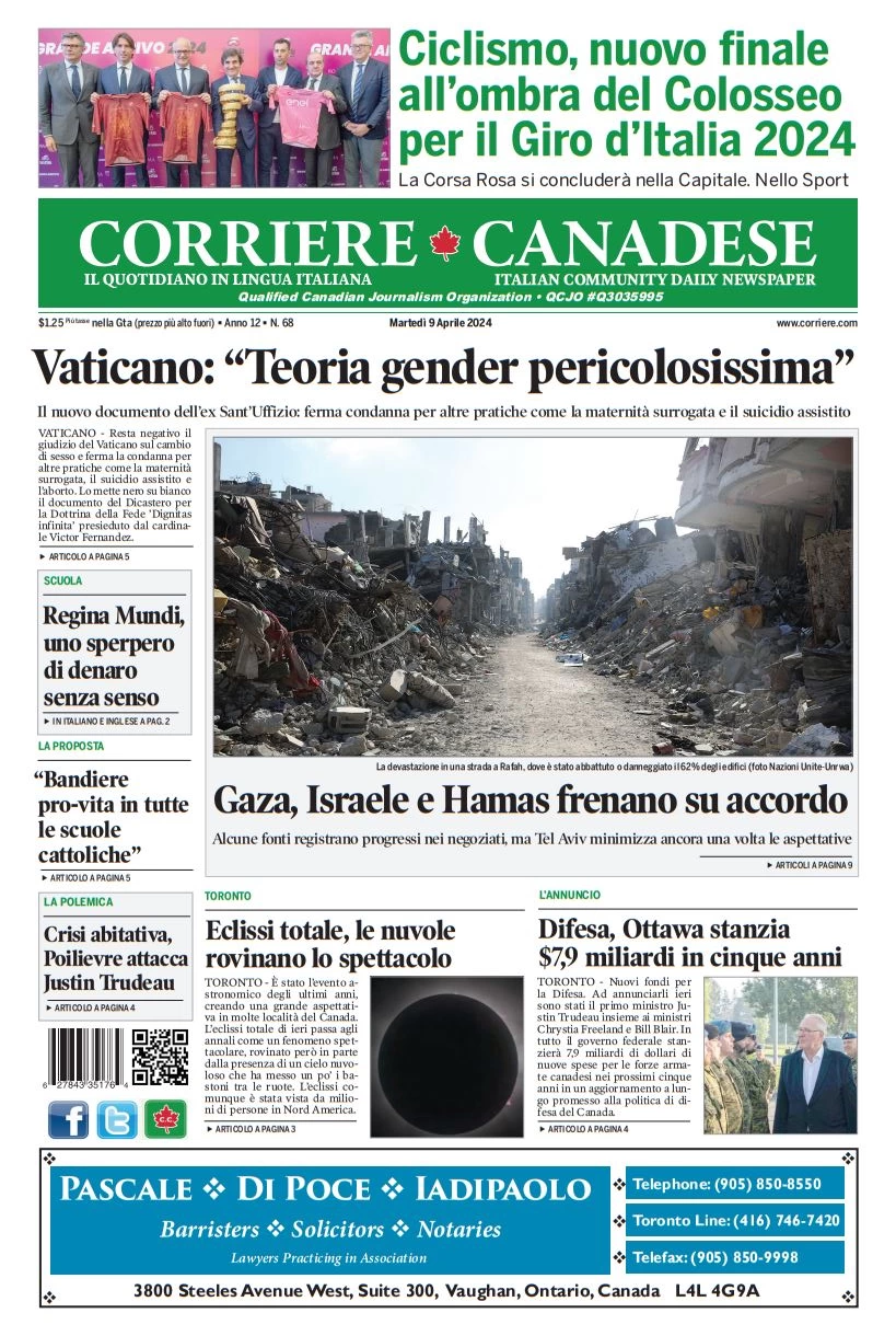 prima pagina - Corriere Canadese del 09/04/2024