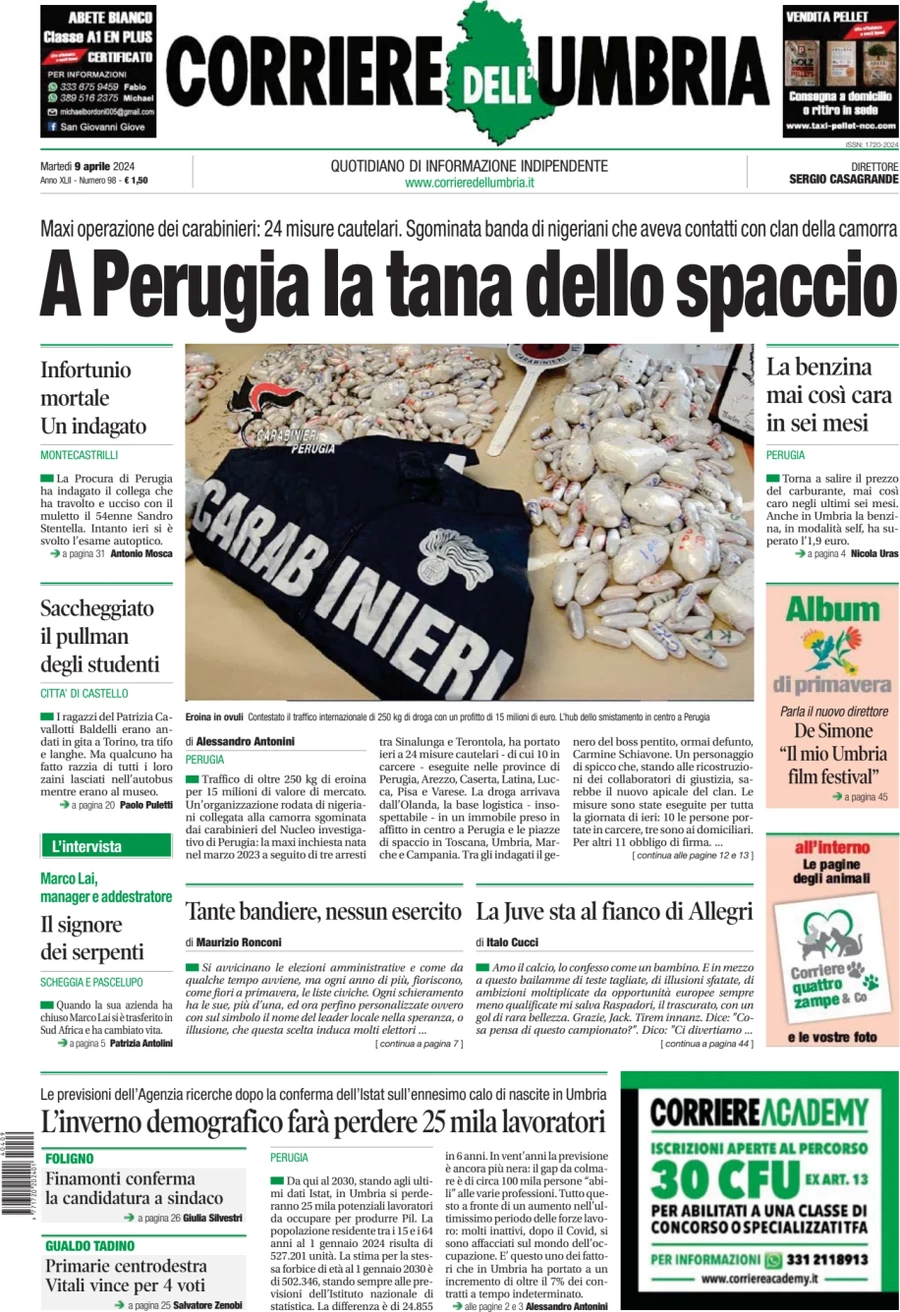 anteprima della prima pagina di corriere-dellumbria del 09/04/2024