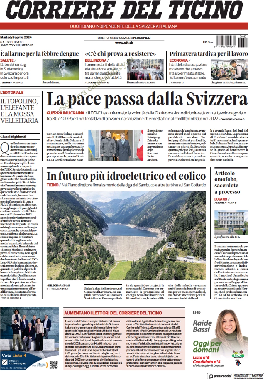 prima pagina - Corriere del Ticino del 09/04/2024