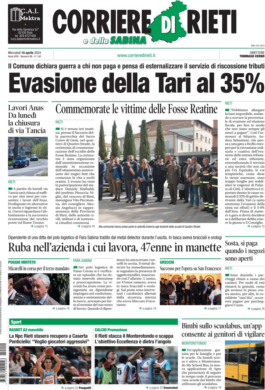 anteprima della prima pagina di corriere-di-rieti-e-della-sabina del 10/04/2024
