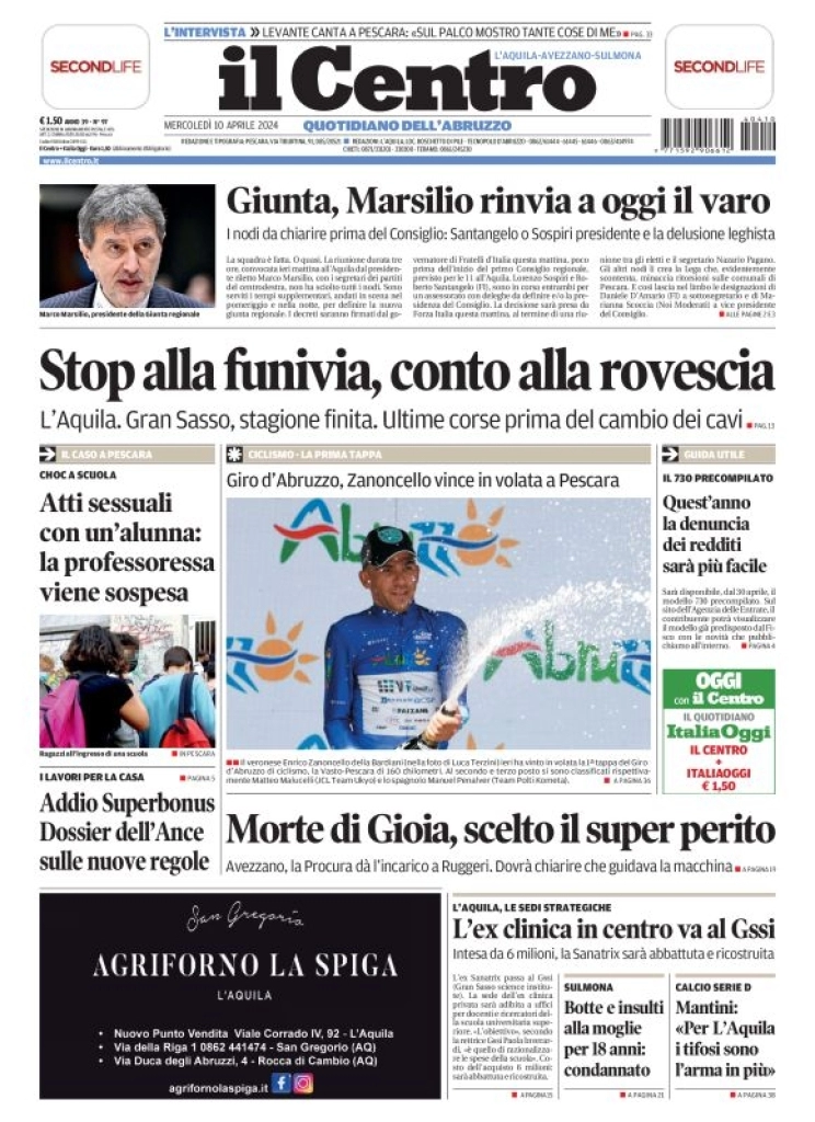 prima pagina - Il Centro (L'Aquila) del 10/04/2024