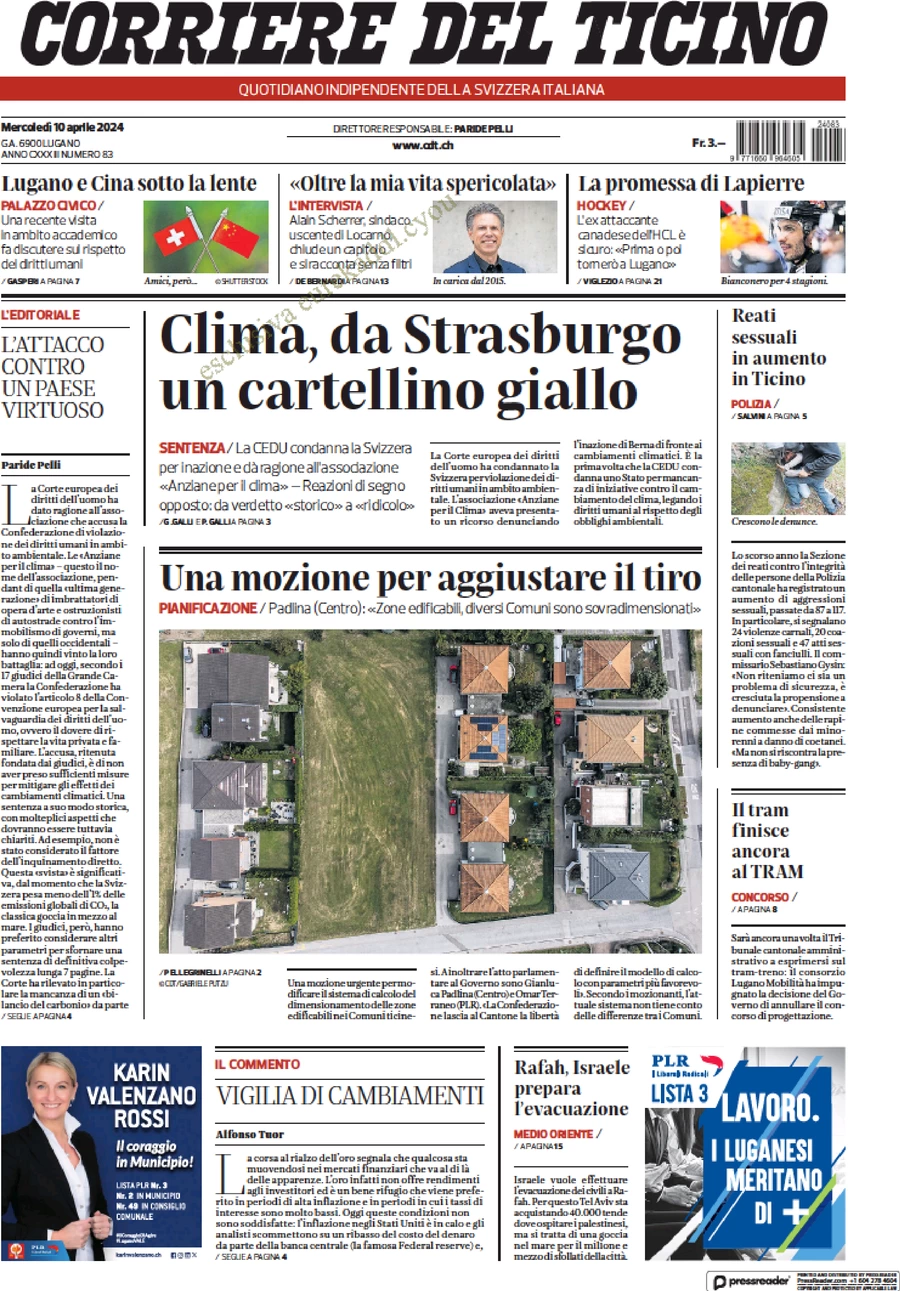prima pagina - Corriere del Ticino del 10/04/2024