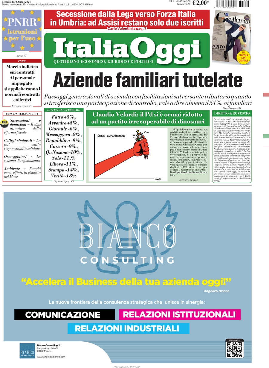 anteprima della prima pagina di italiaoggi del 10/04/2024