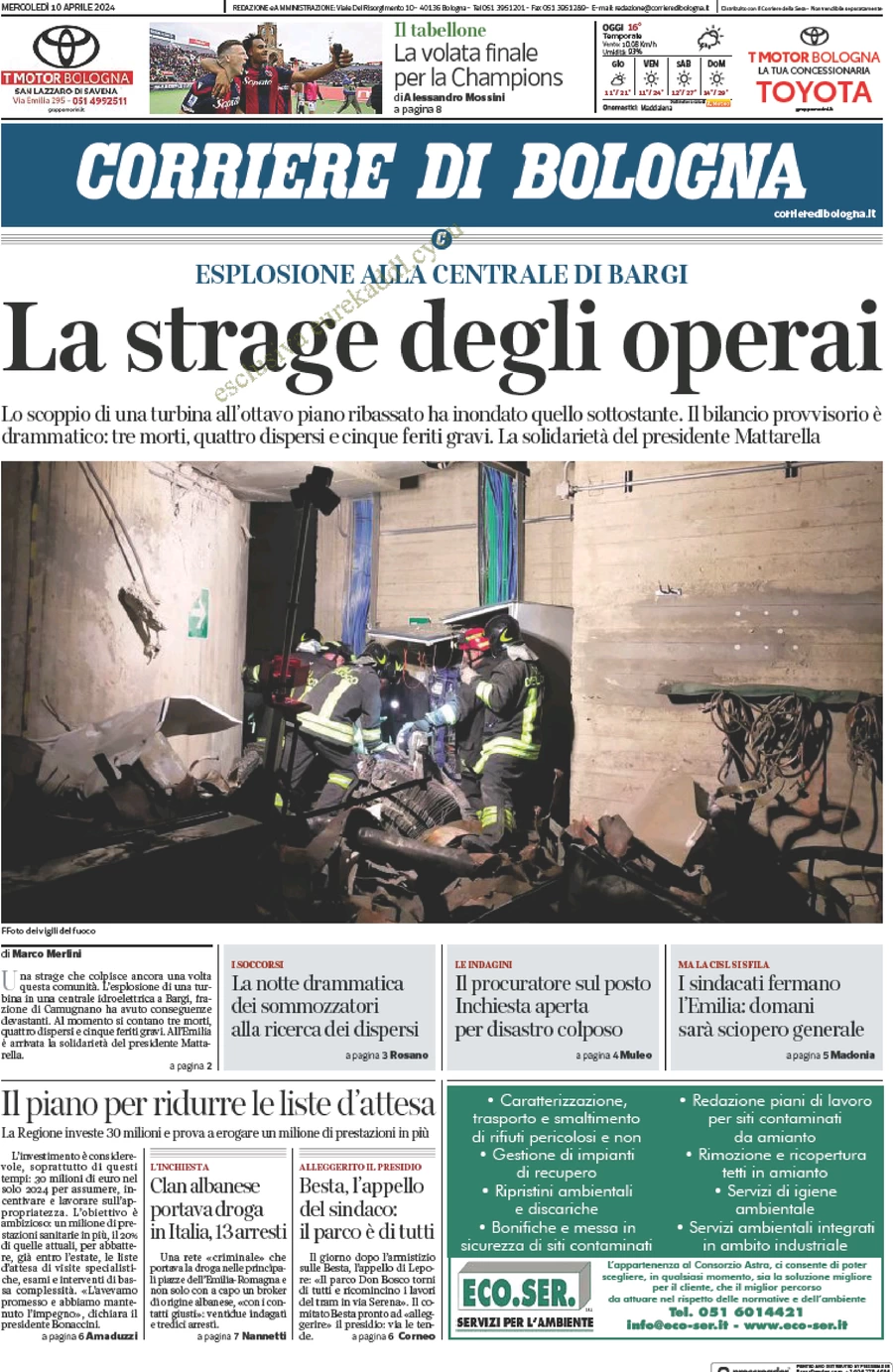 anteprima della prima pagina di corriere-di-bologna del 10/04/2024