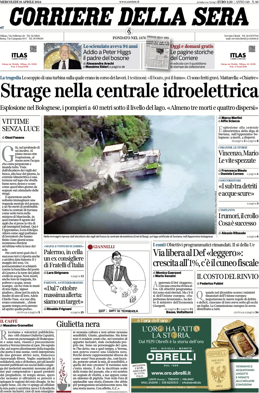 prima pagina - Corriere della Sera del 10/04/2024
