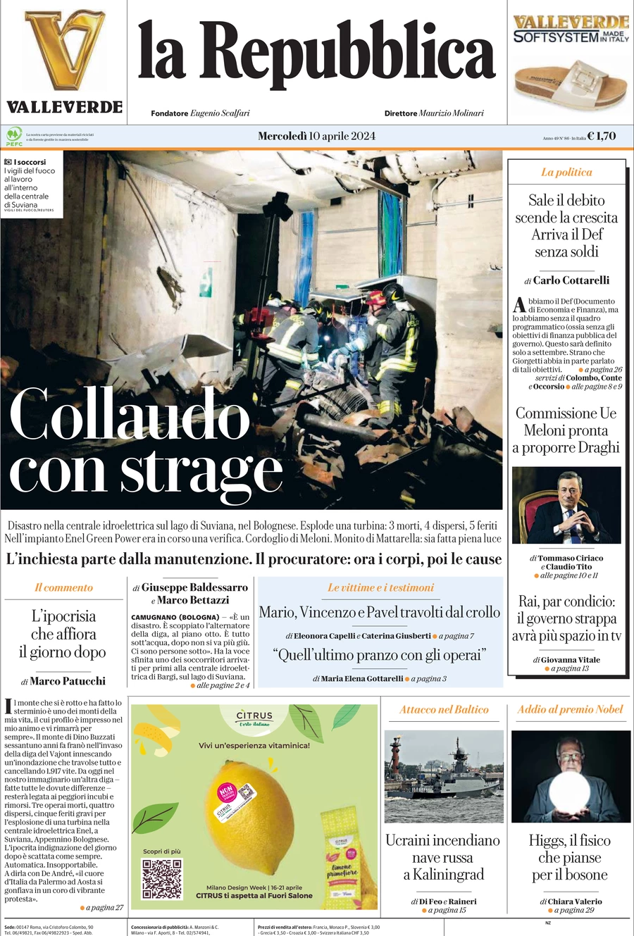 prima pagina - La Repubblica del 10/04/2024