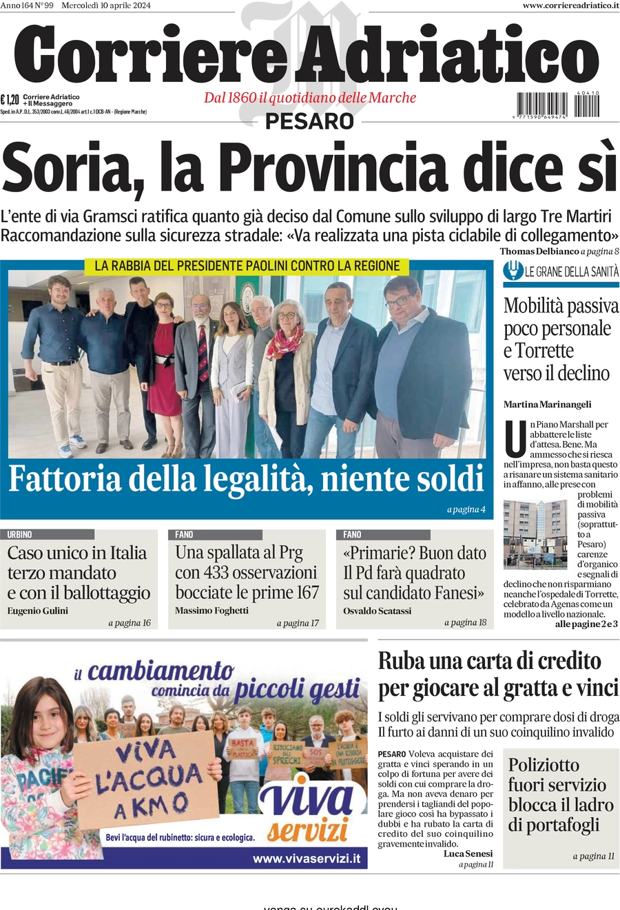 anteprima della prima pagina di corriere-adriatico-pesaro del 10/04/2024