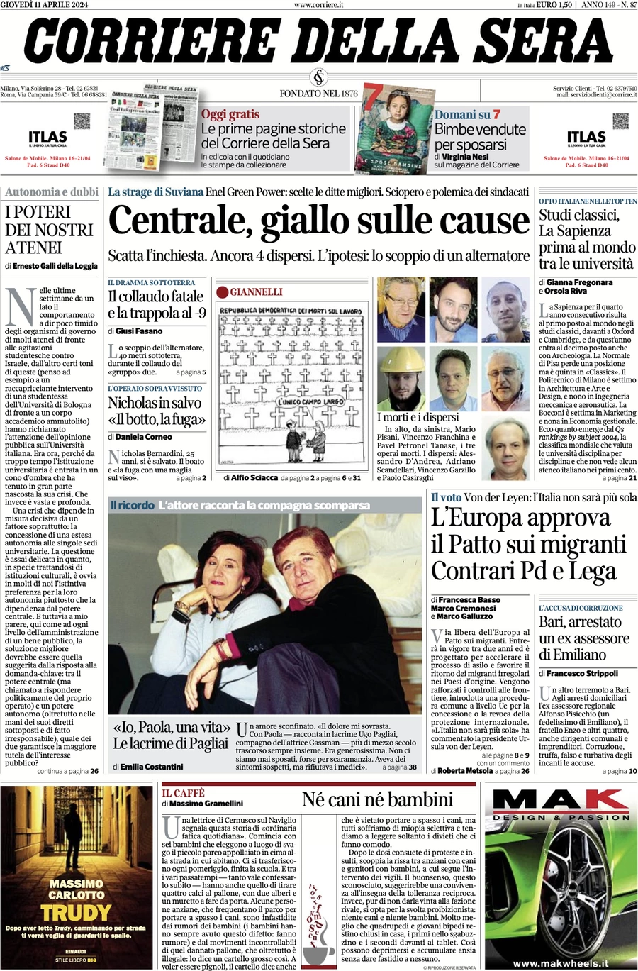 prima pagina - Corriere della Sera del 11/04/2024