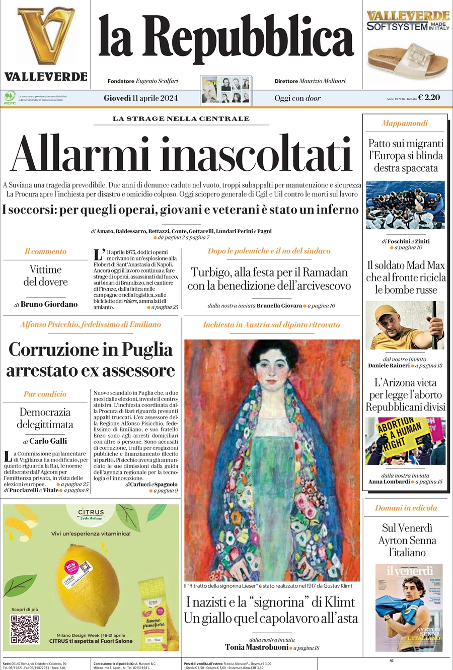 prima pagina - La Repubblica del 11/04/2024