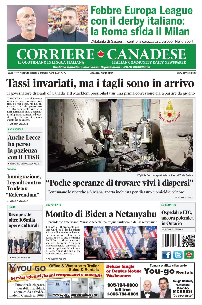 prima pagina - Corriere Canadese del 11/04/2024
