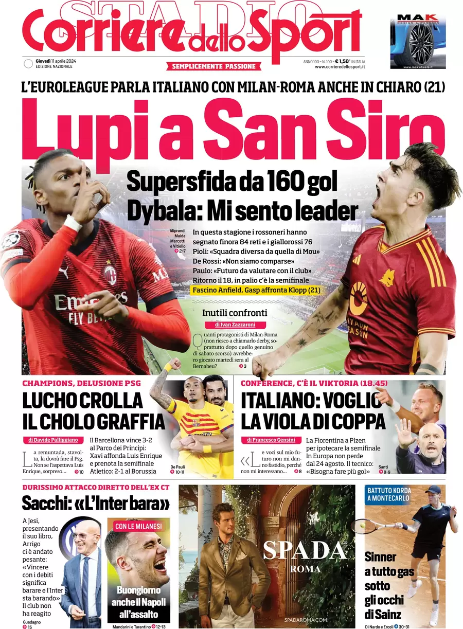 prima pagina - Corriere dello Sport del 11/04/2024