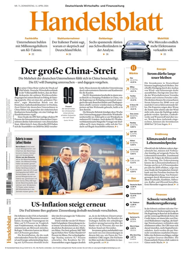 anteprima della prima pagina di handelsblatt del 11/04/2024