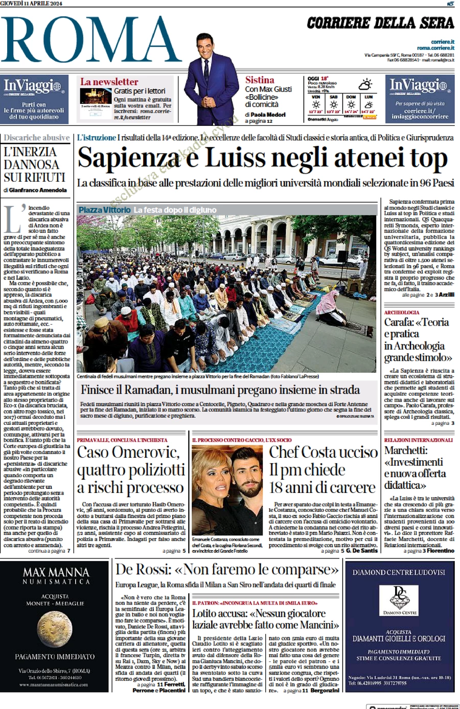 anteprima della prima pagina di corriere-della-sera-roma del 11/04/2024