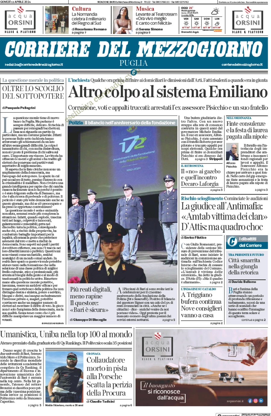 anteprima della prima pagina di corriere-del-mezzogiorno-puglia del 11/04/2024