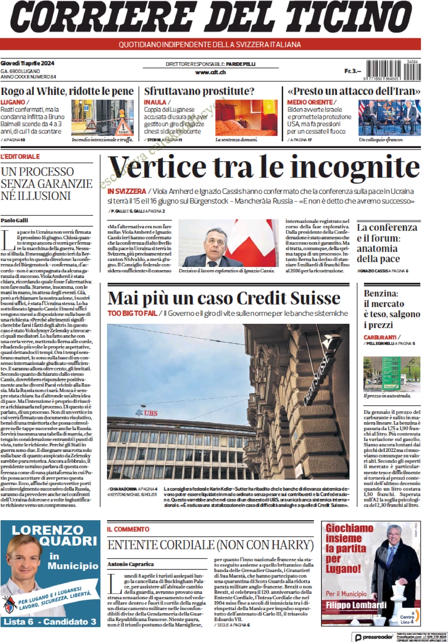 prima pagina - Corriere del Ticino del 11/04/2024