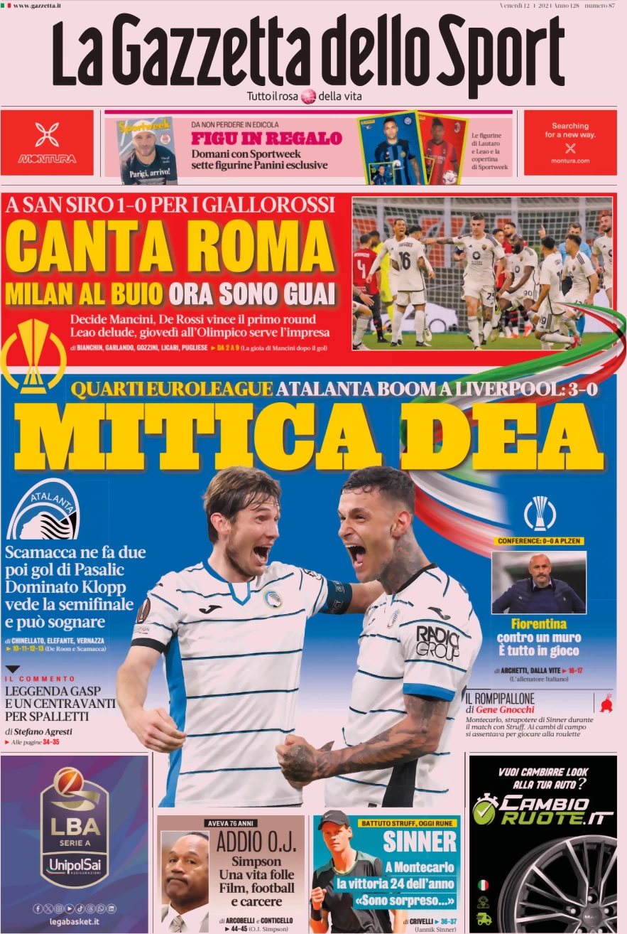 prima pagina - La Gazzetta dello Sport del 12/04/2024