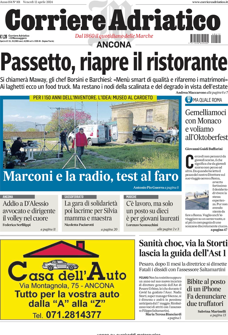 anteprima della prima pagina di corriere-adriatico-ancona del 12/04/2024