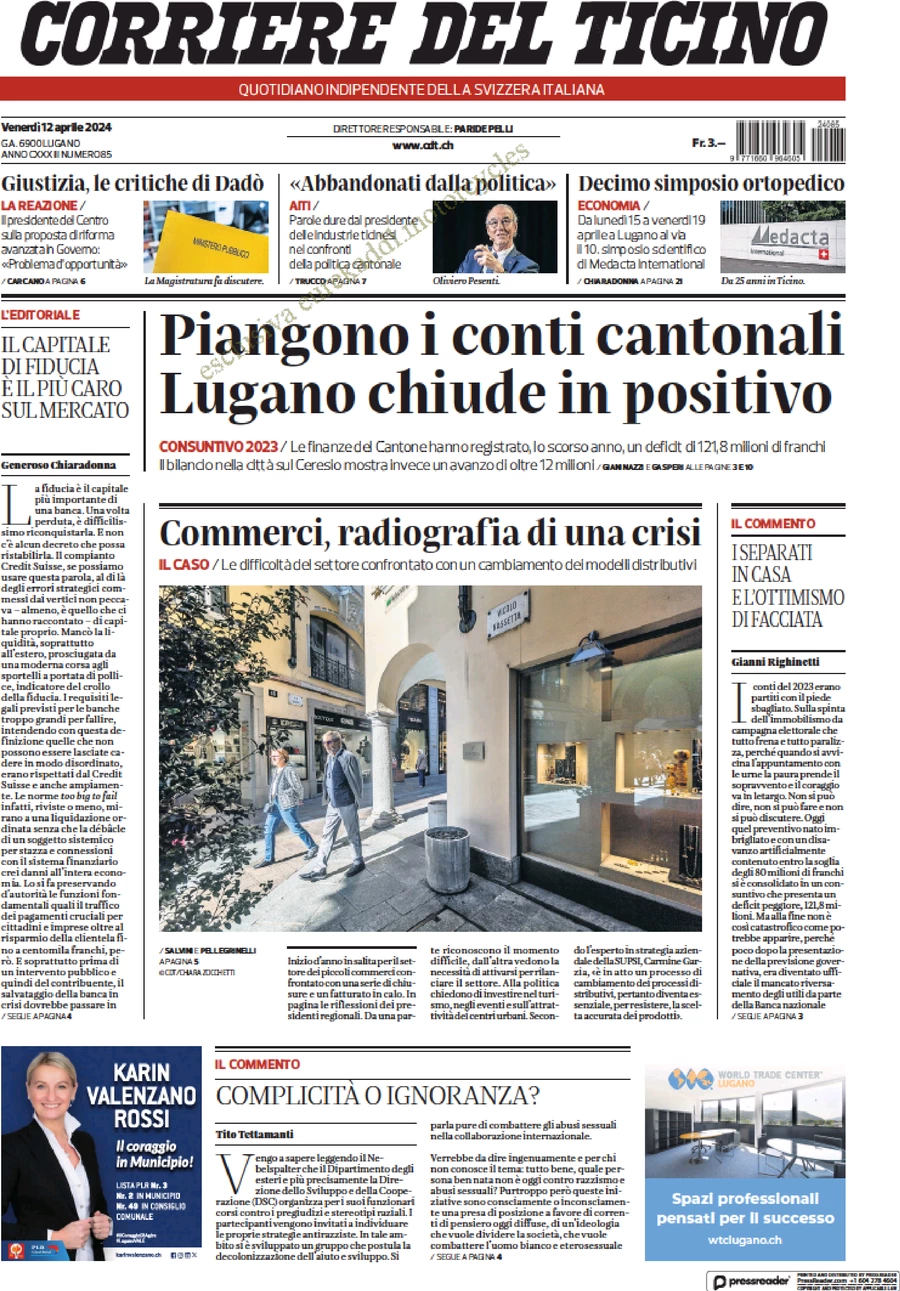 prima pagina - Corriere del Ticino del 12/04/2024