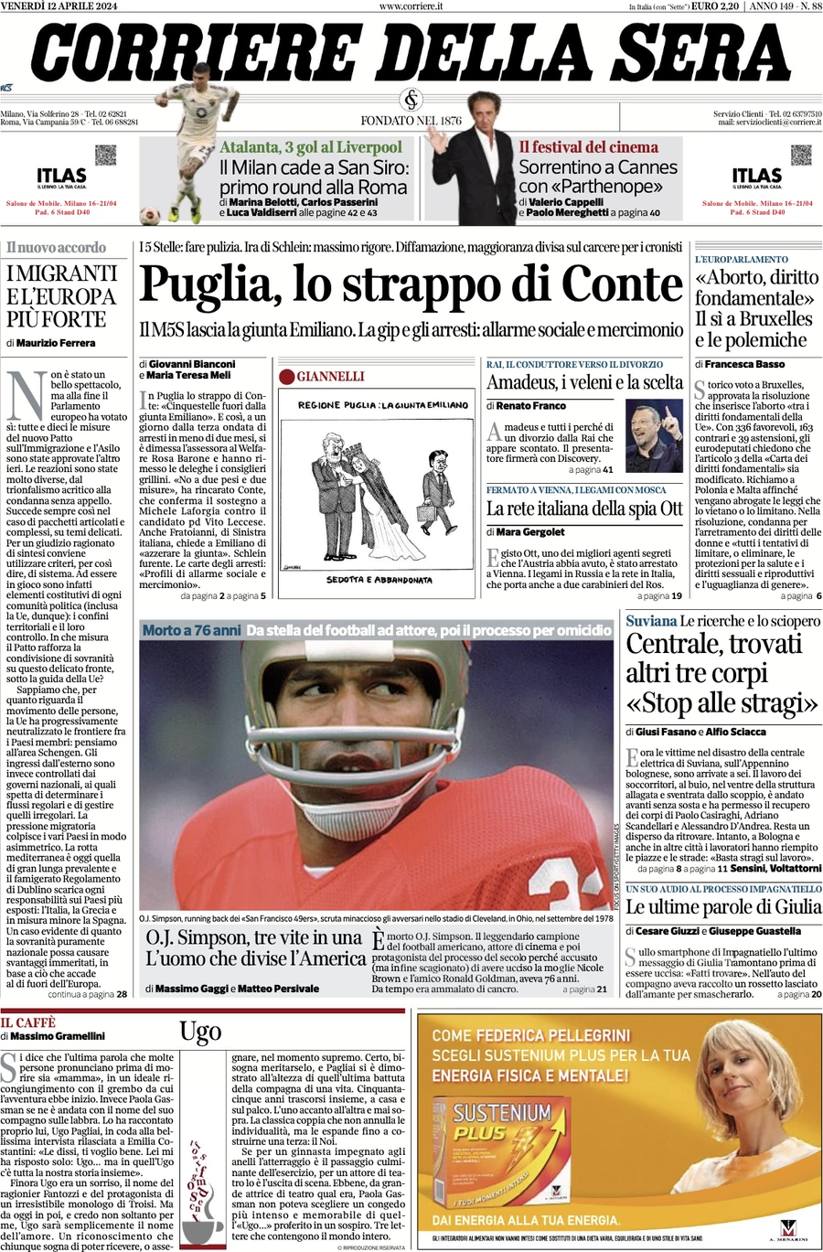 prima pagina - Corriere della Sera del 12/04/2024