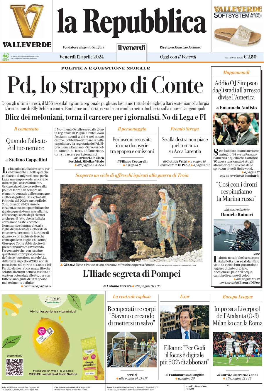 prima pagina - La Repubblica del 12/04/2024