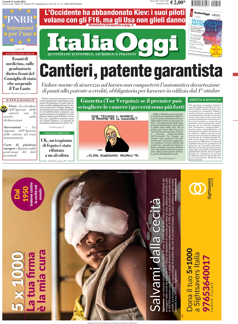 prima pagina - ItaliaOggi del 12/04/2024