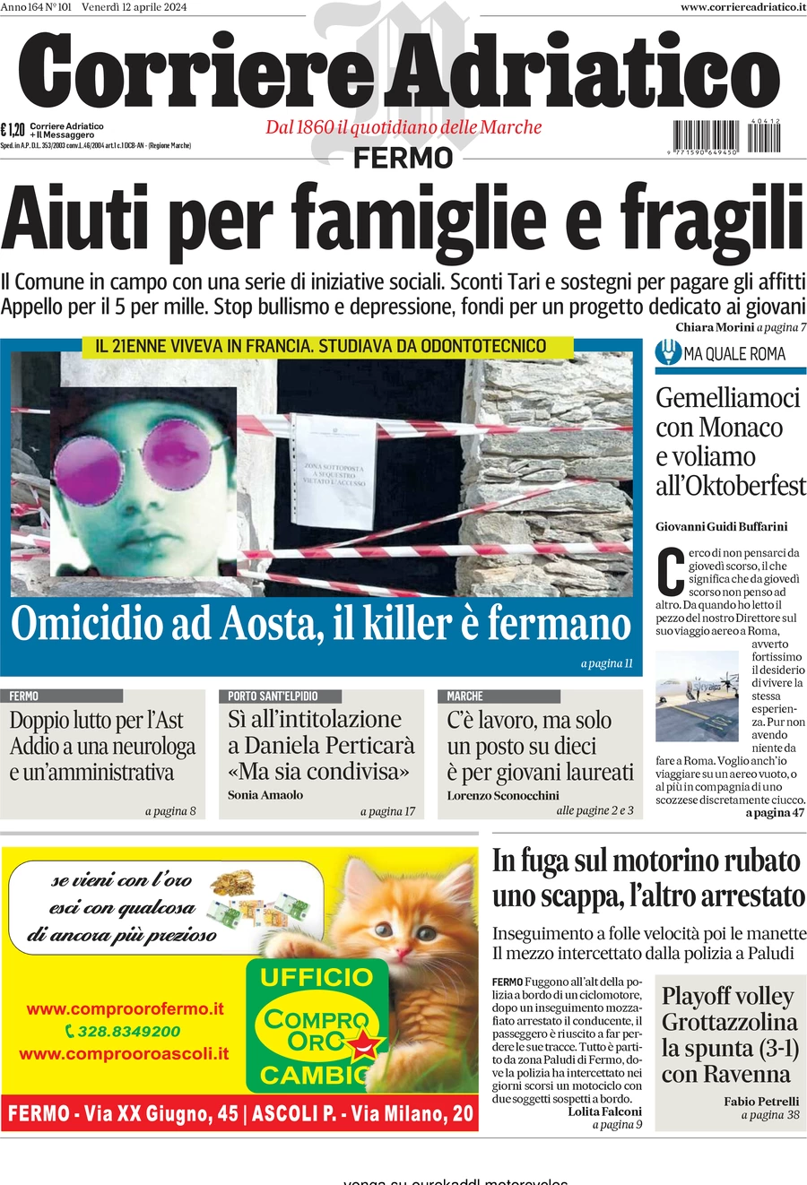 anteprima della prima pagina di corriere-adriatico-fermo del 12/04/2024