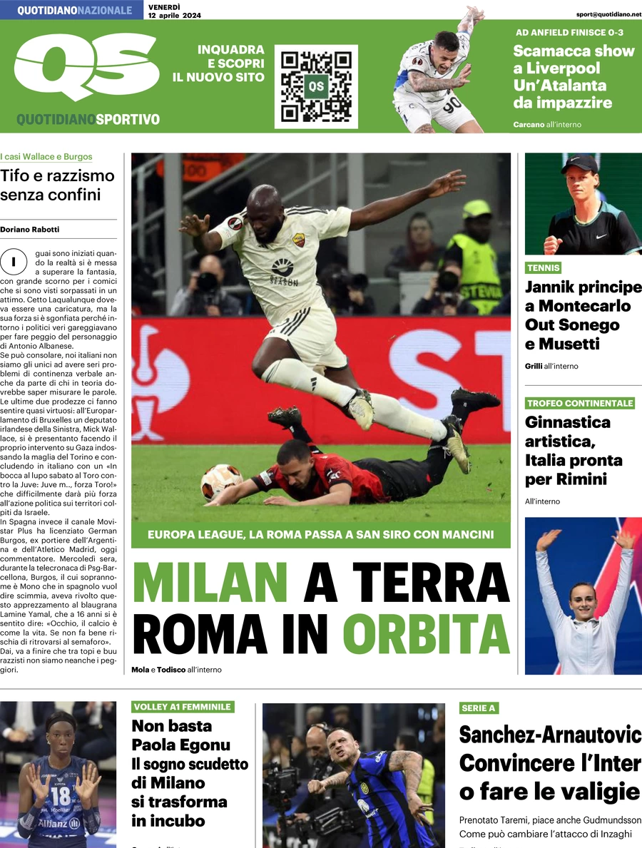 prima pagina - QS Quotidiano Sportivo del 12/04/2024