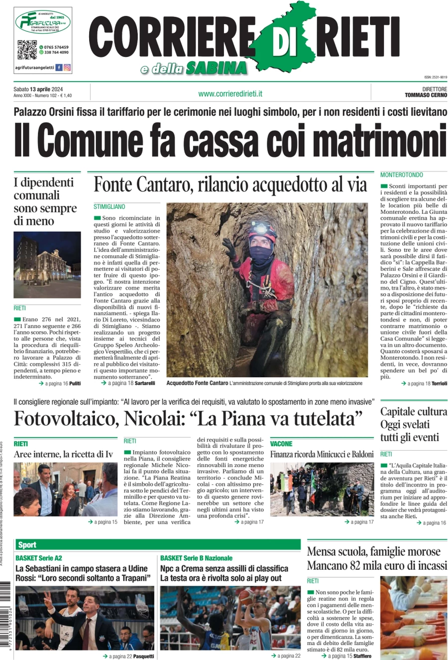 anteprima della prima pagina di corriere-di-rieti-e-della-sabina del 13/04/2024