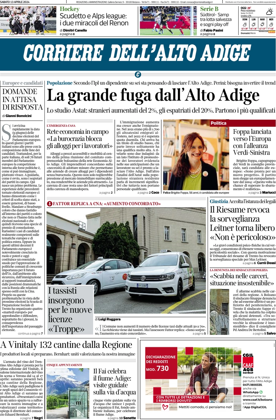 anteprima della prima pagina di corriere-dellalto-adige del 13/04/2024