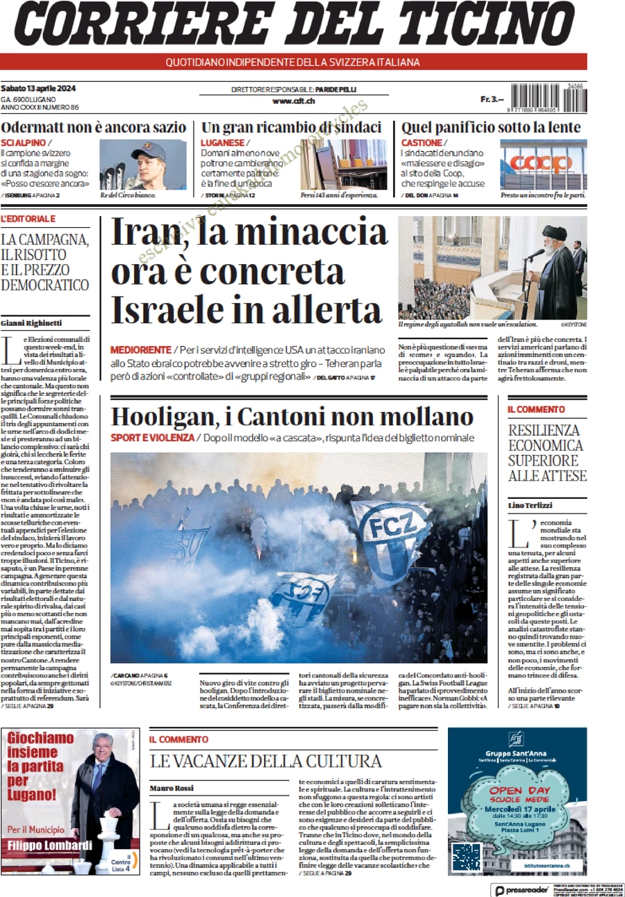 prima pagina - Corriere del Ticino del 13/04/2024