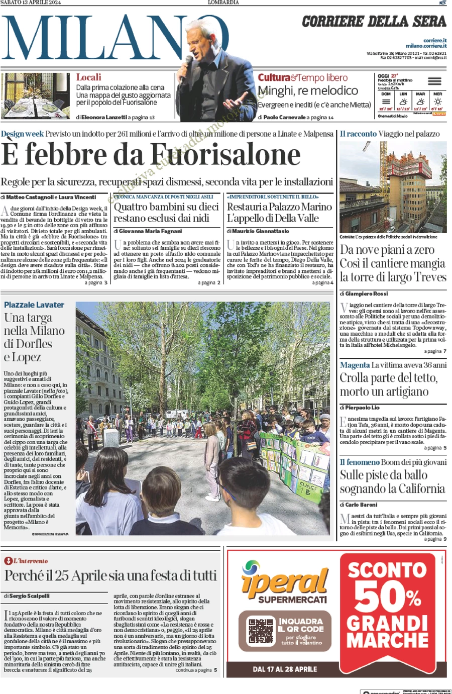 anteprima della prima pagina di corriere-della-sera-milano del 13/04/2024