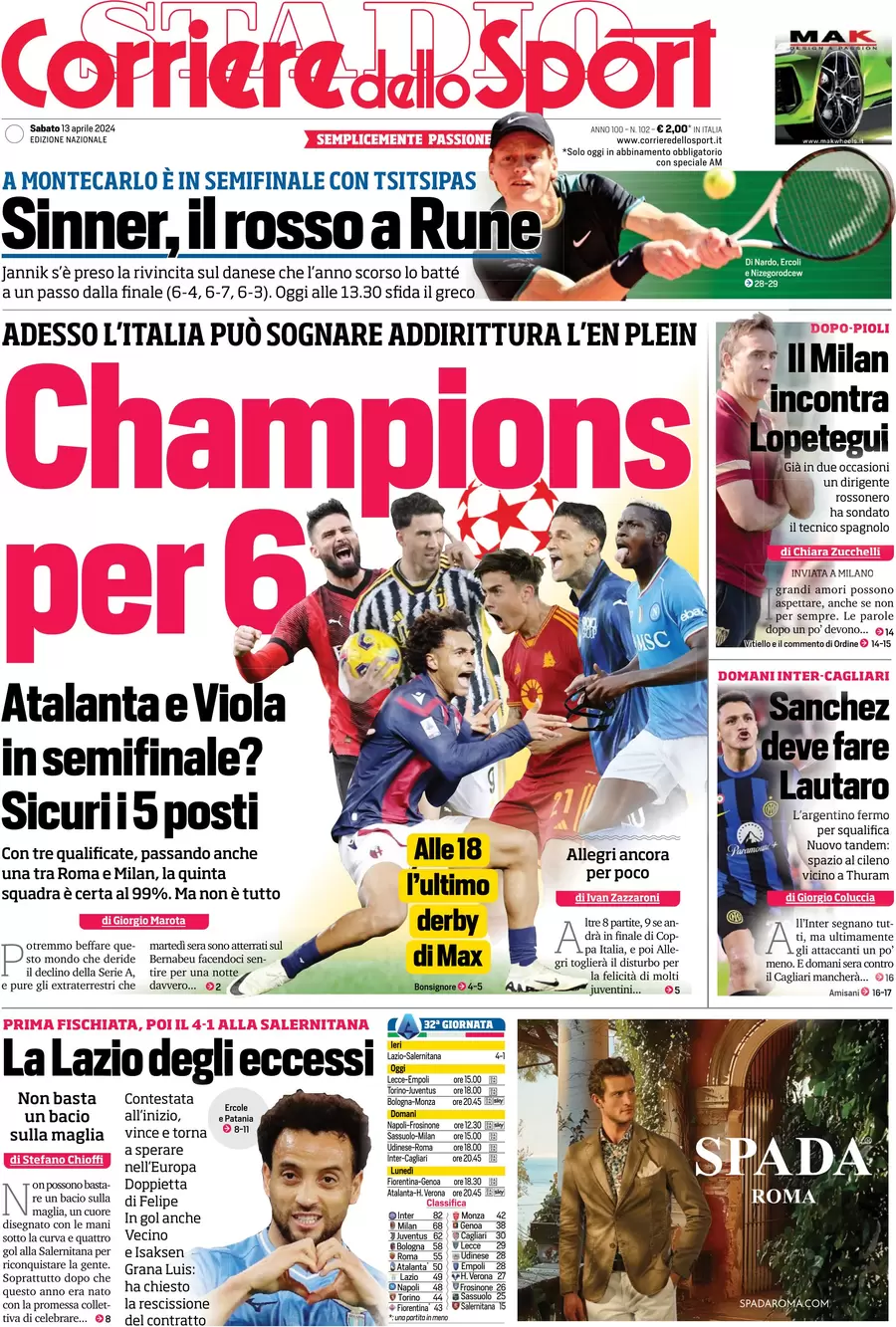 prima pagina - Corriere dello Sport del 13/04/2024