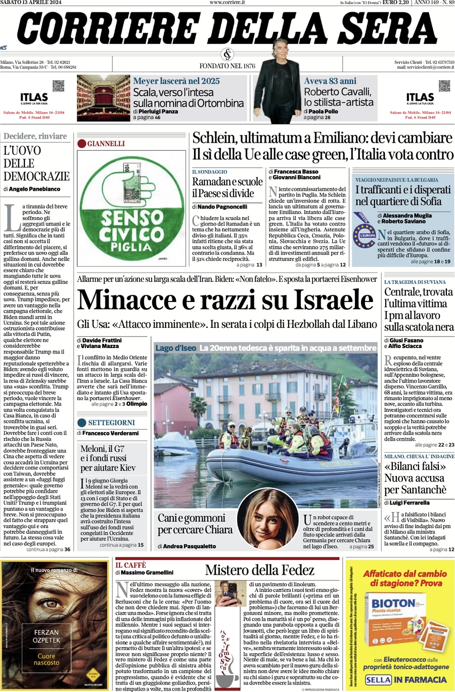 prima pagina - Corriere della Sera del 13/04/2024