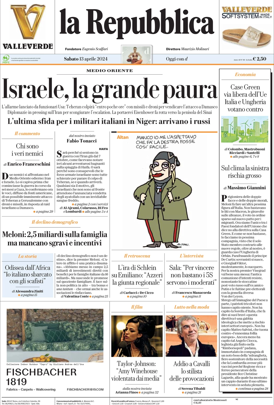 prima pagina - La Repubblica del 13/04/2024