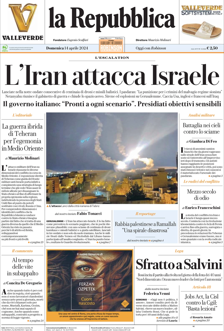 prima pagina - La Repubblica del 14/04/2024