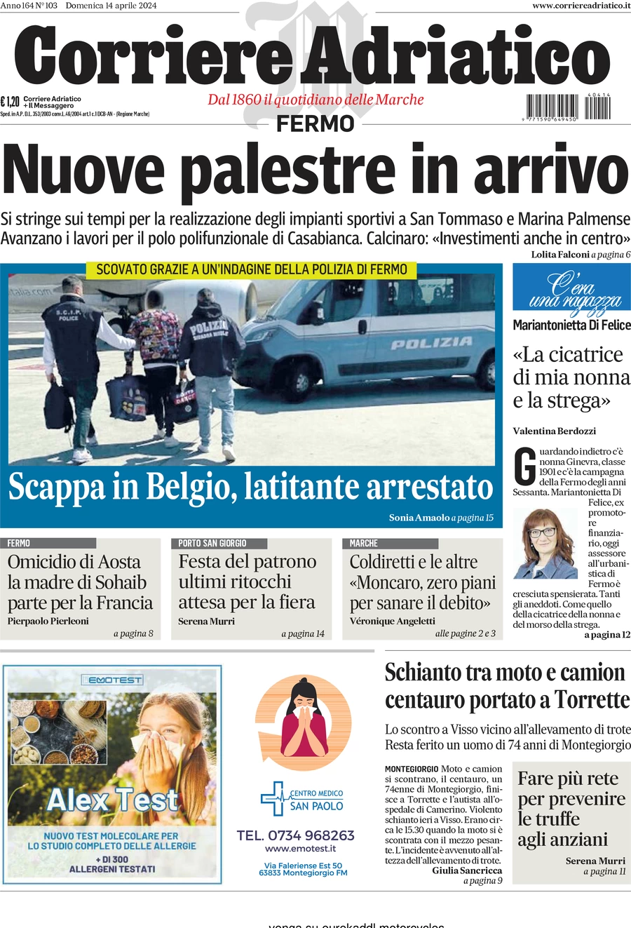 anteprima della prima pagina di corriere-adriatico-fermo del 14/04/2024