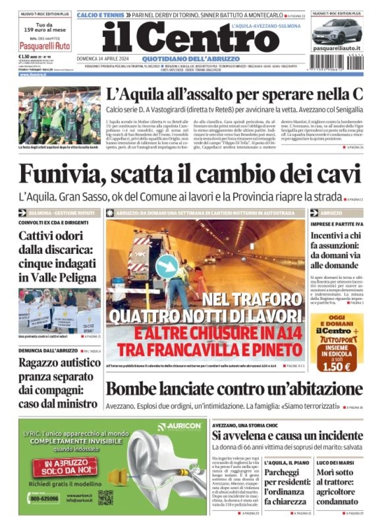 prima pagina - Il Centro (L'Aquila) del 14/04/2024