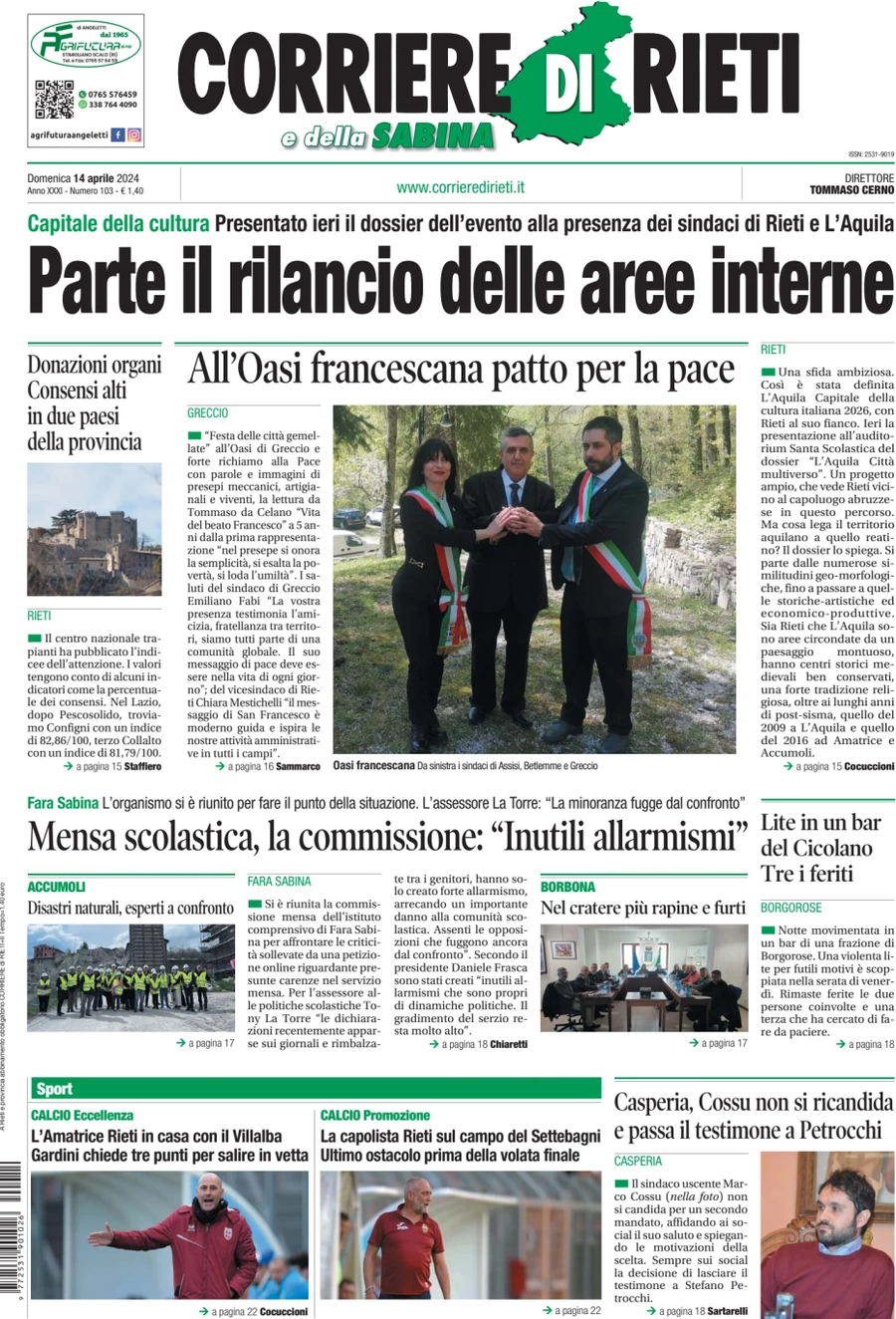 anteprima della prima pagina di corriere-di-rieti-e-della-sabina del 14/04/2024