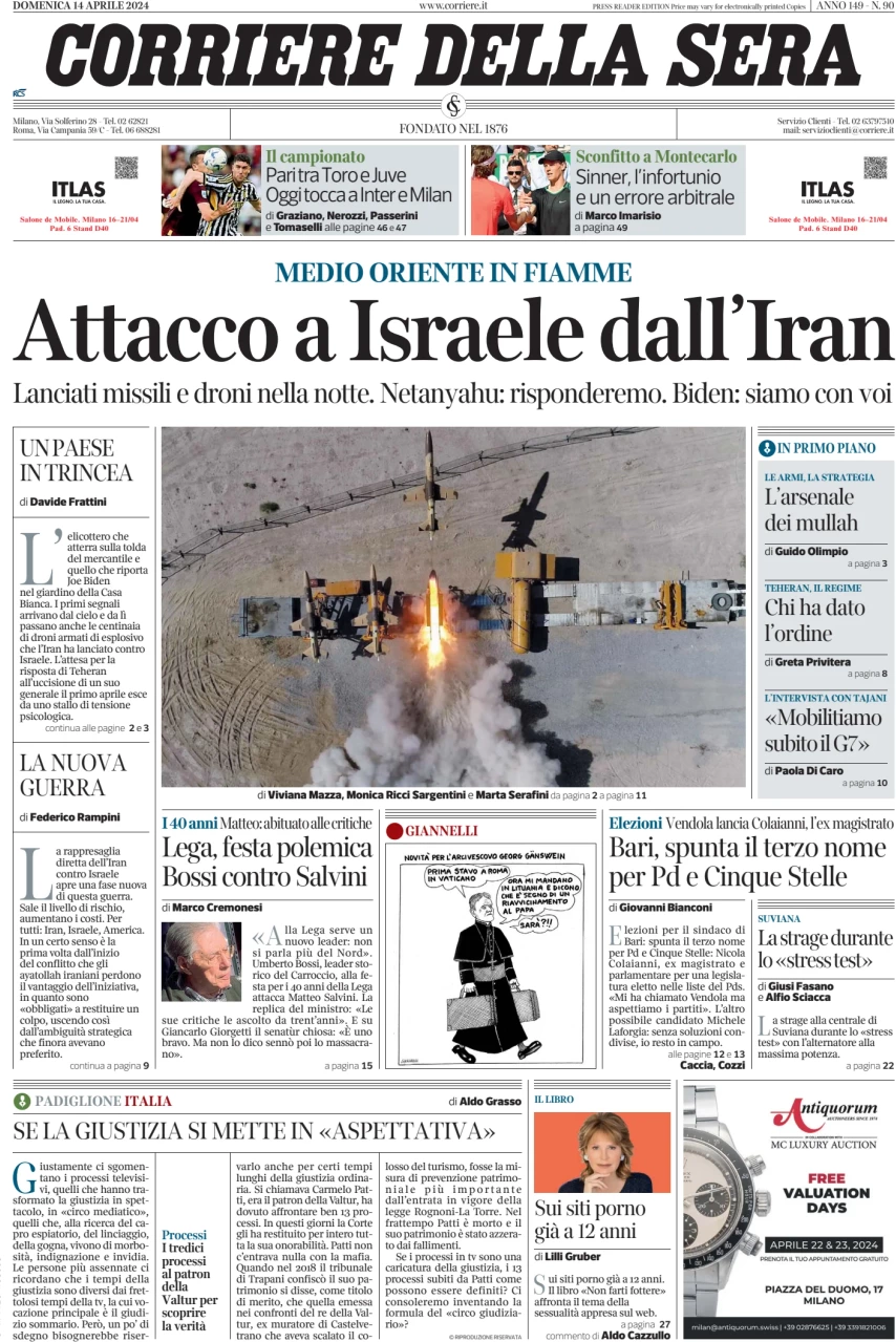 prima pagina - Corriere della Sera del 14/04/2024