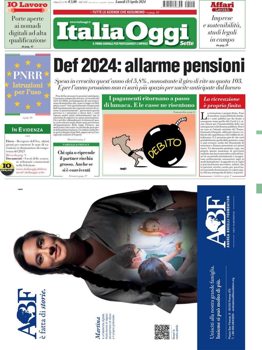 anteprima della prima pagina di italiaoggi del 15/04/2024