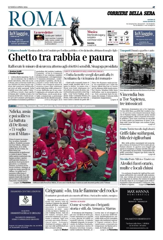 anteprima della prima pagina di corriere-della-sera-roma del 15/04/2024
