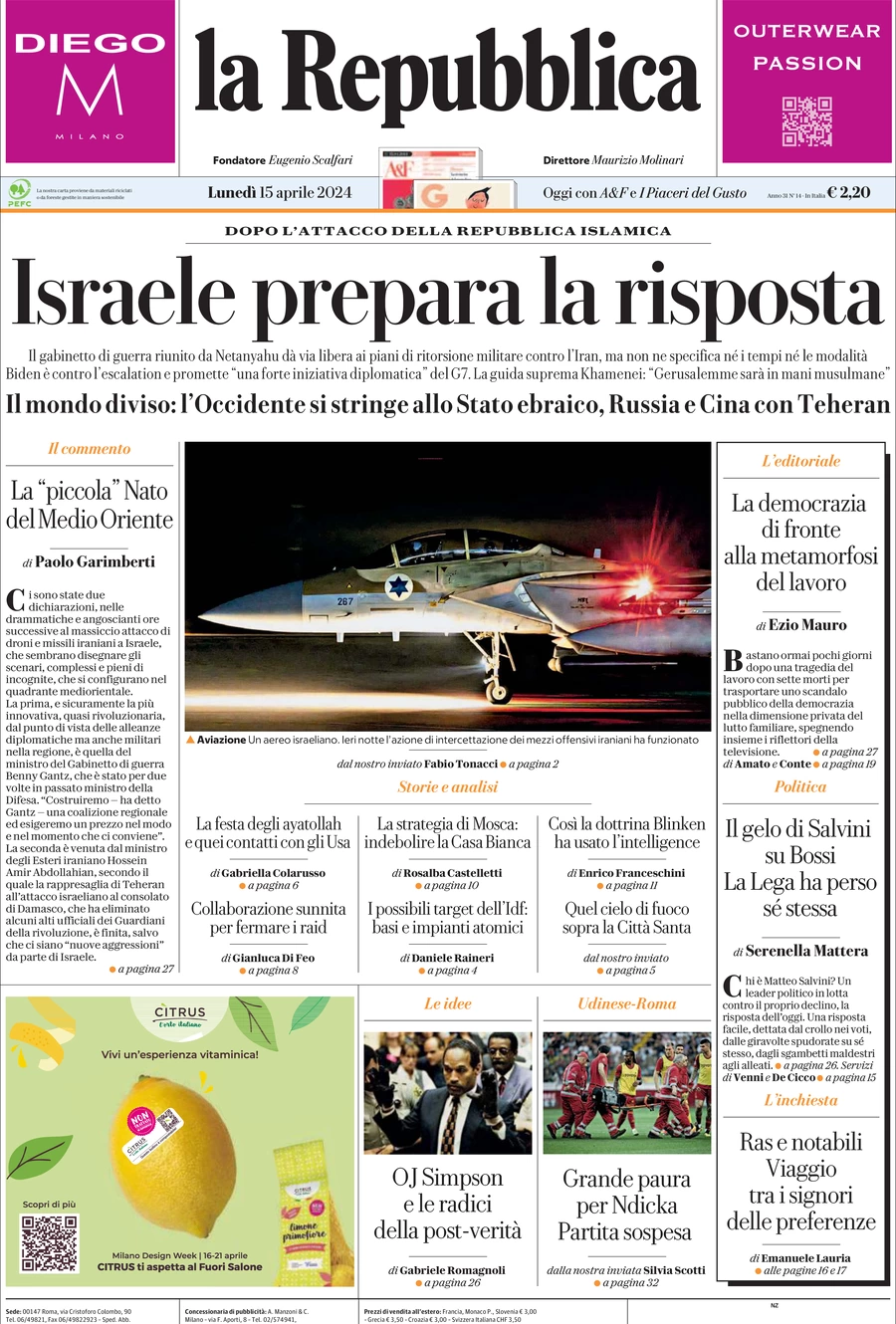 prima pagina - La Repubblica del 15/04/2024