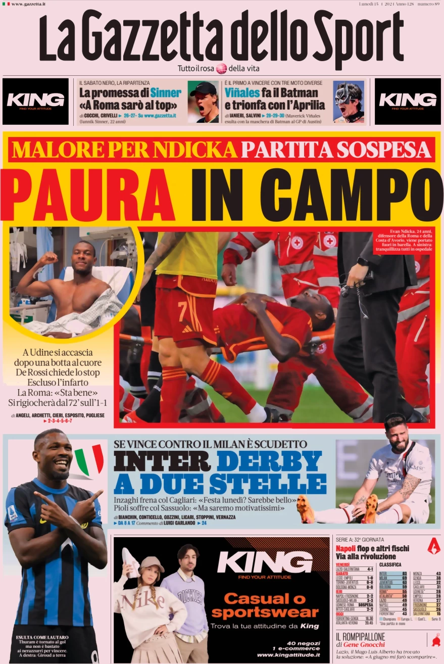 prima pagina - La Gazzetta dello Sport del 15/04/2024