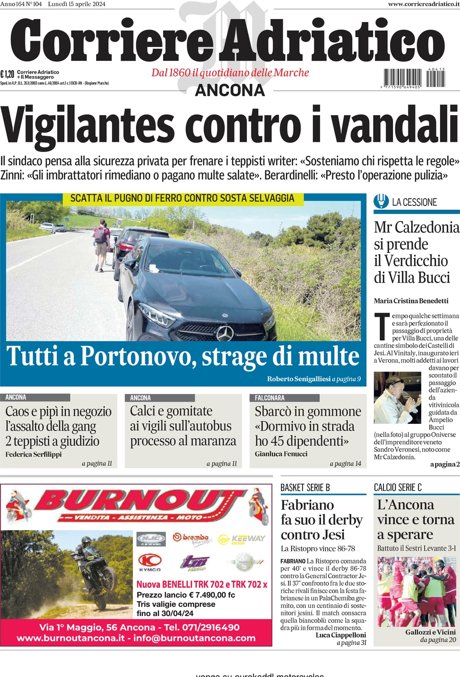 anteprima della prima pagina di corriere-adriatico-ancona del 15/04/2024