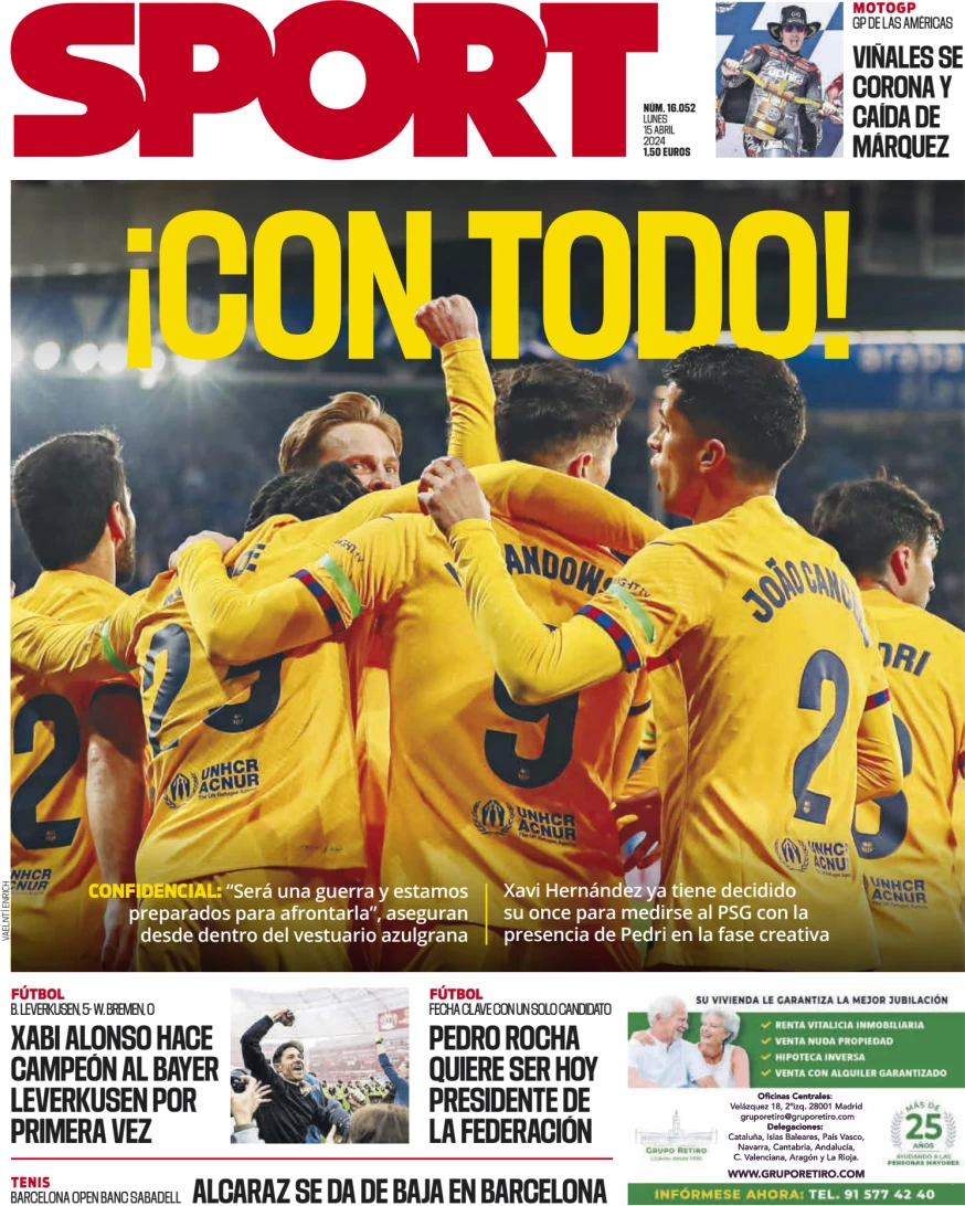 anteprima della prima pagina di sport-barcelona del 15/04/2024