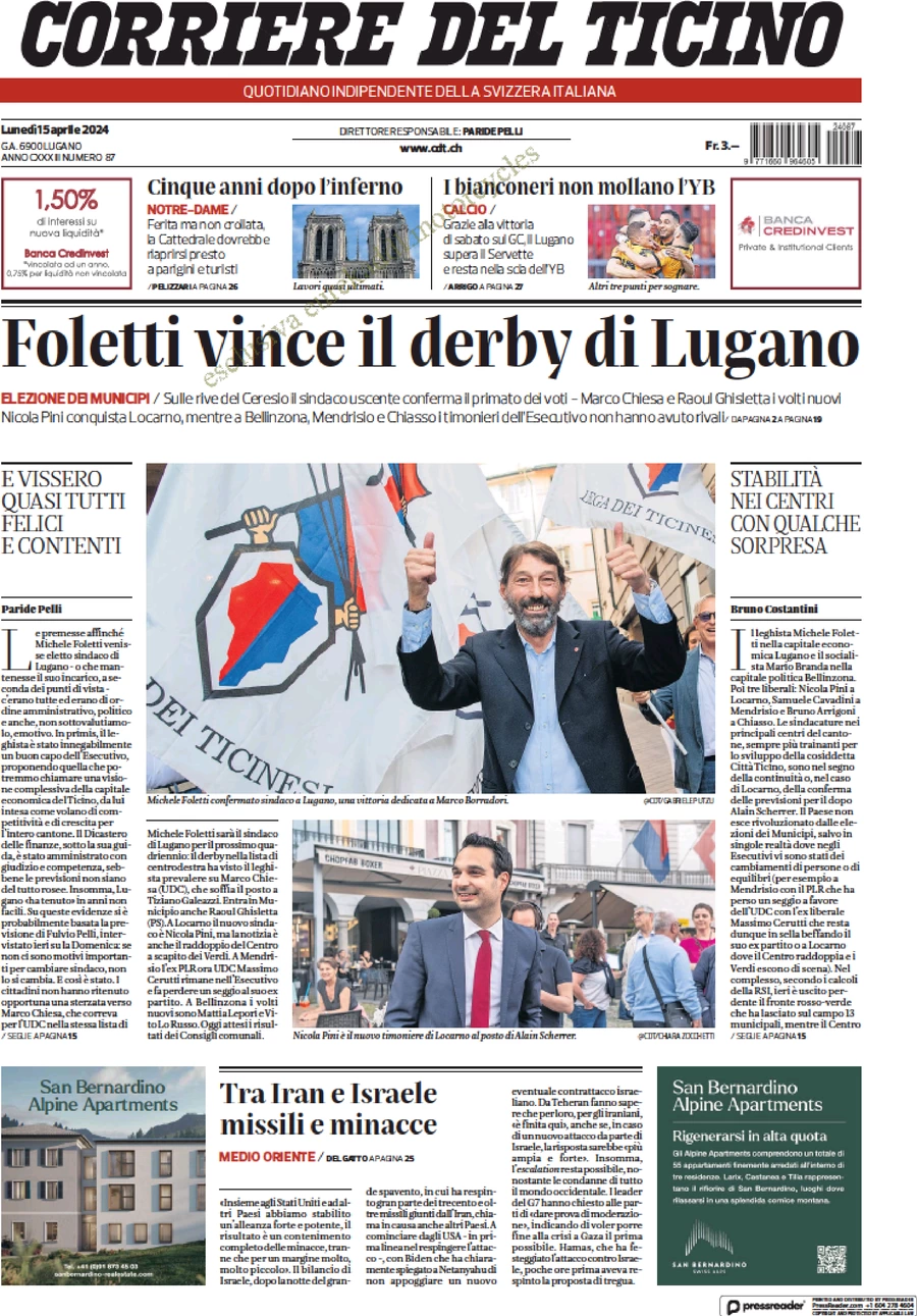 prima pagina - Corriere del Ticino del 15/04/2024