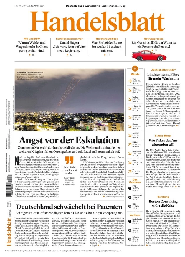 anteprima della prima pagina di handelsblatt del 15/04/2024
