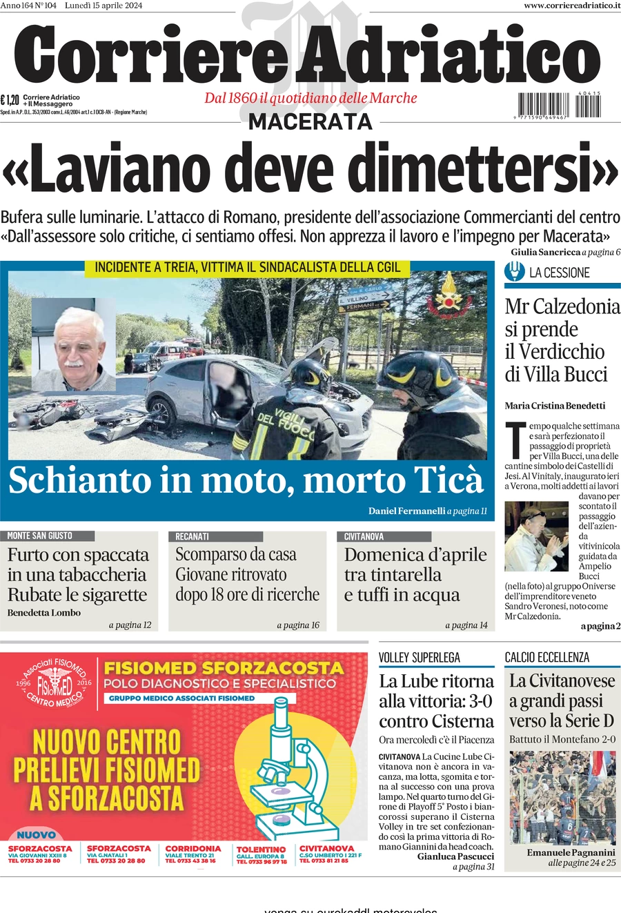 anteprima della prima pagina di corriere-adriatico-macerata del 15/04/2024