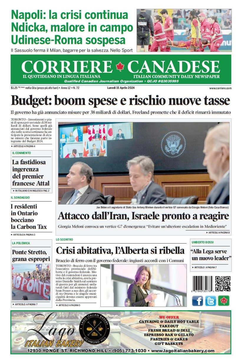 prima pagina - Corriere Canadese del 15/04/2024