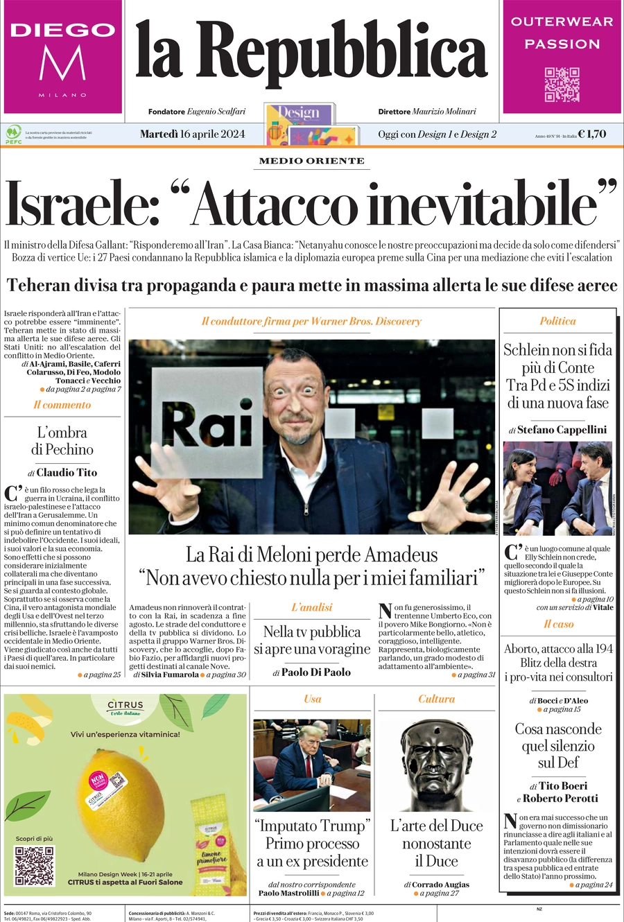 prima pagina - La Repubblica del 16/04/2024